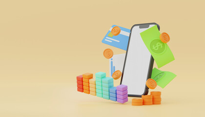 Mobile phone with credit card or ATM card and coin banknote, online shopping payment, 3D rendering.