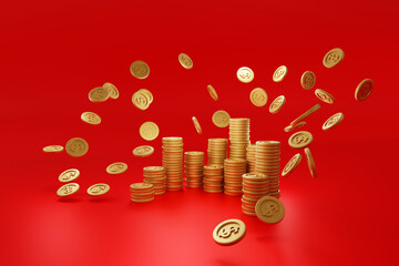 Falling gold dollar coins money on red background, business banking and financial concept, 3D rendering.