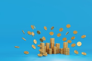 Falling gold dollar coins money on blue background, business banking and financial concept, 3D rendering.