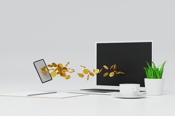 Gold coin money flying out of laptop screen, online market success concept. 3D rendering.