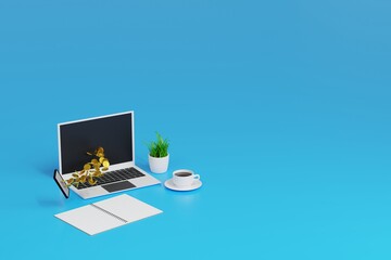 Gold coin money flying out of laptop screen, online market success concept. 3D rendering.