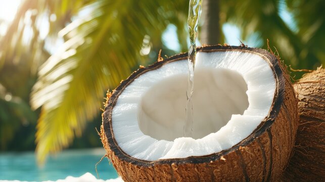 Refreshing Coconut Water Pouring Tropical Summer Drink