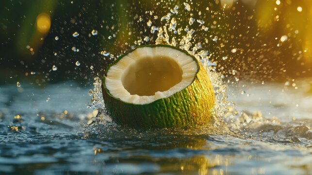 Refreshing Coconut Splashing in Water Tropical Summer Drink