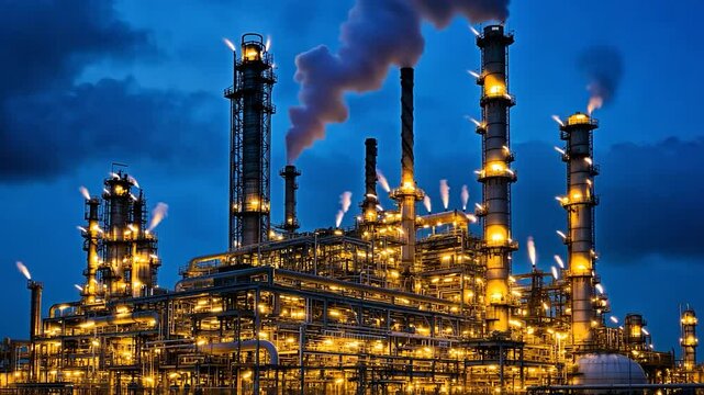 oil refinery as an industrial estate and Steel pipe factory equipment in the petroleum industry producing upstream oil and gas as a background