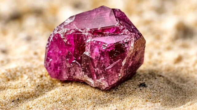 Brightly shining ruby crystal resting on sandy surface revealing intricate facets and vibrant colors, showcasing natural beauty in detail