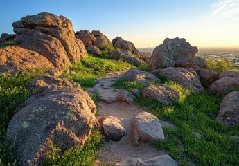 Obraz premium Scenic Rocky Pathway Through Lush Greenery on Sunlit Hill with Expansive View of Cityscape at Dusk, Beautiful Outdoor Landscape Photography