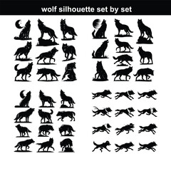 Wolf silhouette set. silhouette set vector. Adult wolf silhouette collection on a white background
 Black wolf silhouette cutout icon set. Flat vector wolf animal collection isolated on transparent bl