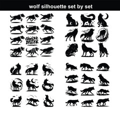Naklejka premium Wolf silhouette set. silhouette set vector. Adult wolf silhouette collection on a white background Black wolf silhouette cutout icon set. Flat vector wolf animal collection isolated on transparent bl