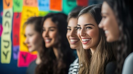 Obraz premium Group of Diverse Young Women Smiling Together in Front of Colorful Background with Motivational Posters Creating a Positive Atmosphere