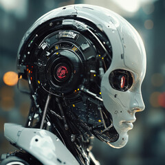 Fototapeta premium Close-Up Profile of Female Humanoid Robot with Visible Internal Mechanics in Urban Setting