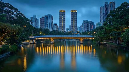 Fototapeta premium Urban parkland at twilight. A serene bridge over a calm canal, reflecting the illuminated buildings in the city skyline. Lush greenery surrounds the water's edge