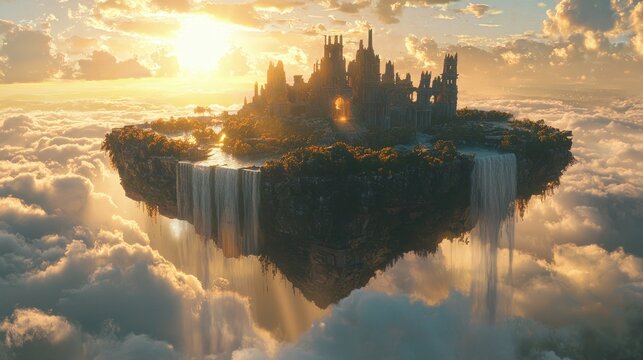 Floating Island Castle Above Clouds at Sunset with Waterfalls