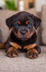 Fototapeta premium A cute black and brown Rottweiler puppy with blue eyes is lying on the sofa