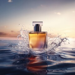 Elegant perfume bottle splashing in serene water at sunset, reflecting warm hues and creating a captivating visual allure for luxury branding
