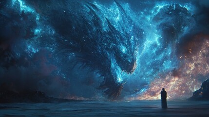 Fototapeta premium Majestic Cosmic Creature Overlooking a Solitary Figure by the Shore
