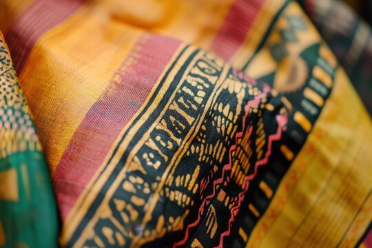 Detailed view of a colorful fabric with intricate patterns