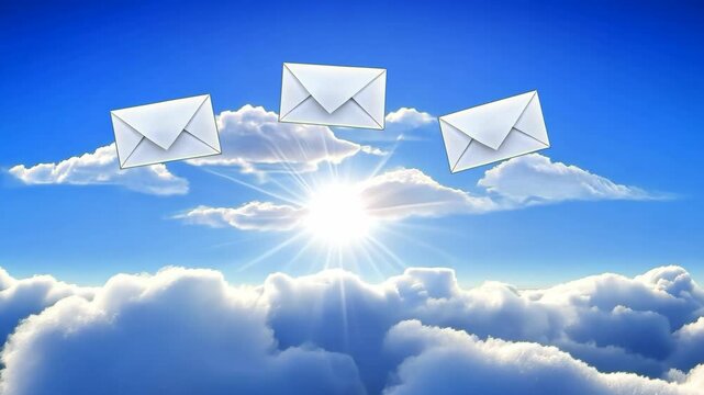 Clouds and sunlight create a serene backdrop for floating envelopes in a bright blue sky