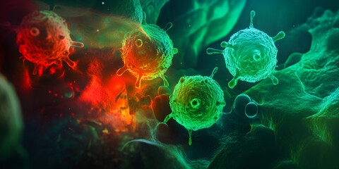 Immune Cells in Action, Cellular Battle, Microscopic Image | Cancer Cells under Attack, Colorful Immune System, Medical Illustration | Microscopic Biology, Cells Fighting Disease, Digital Representati
