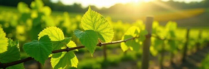Delicate new leaves unfurl on a vine trellis in a sun-drenched vineyard , countryside, leaf buds