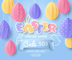 Cute sale banner with realistic paper-style decorations. Coloured eggs, a drawn rabbit and carrot, 3D inscription of Easter with bunny ears and a ribbon on a blue background. A discount offer template