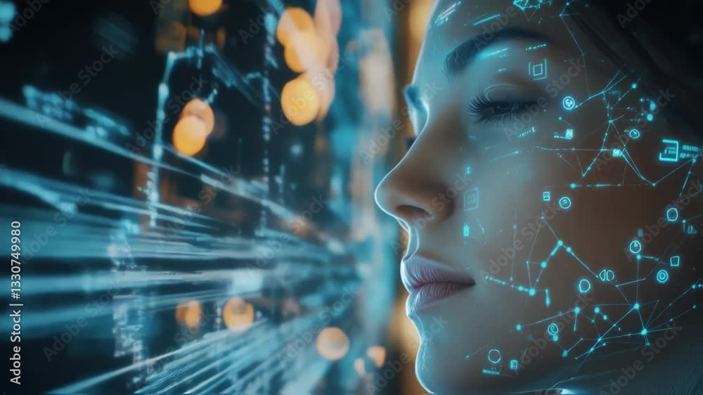 Poster digital information flows across a woman's face, visualizing a complex data analysis process in augm