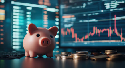 Piggy bank with coins in front of financial charts and graphs, symbolizing savings and investment strategies