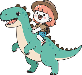 Cute kid riding dinosaur cartoon illustration