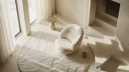 Cozy modern living room featuring a plush chair and minimalist decor with natural light streaming in