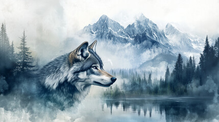 Obraz premium Double Exposure Illustration of Wolf Portrait with Mountain and Forest Landscape