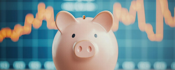 Piggy bank with financial graphs in background, symbolizing savings and investment growth