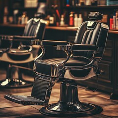 A vintage barbershop chair with metallic detailing and black leather