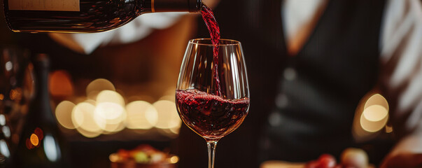 Red wine pouring into glass, elegant setting with blurred lights