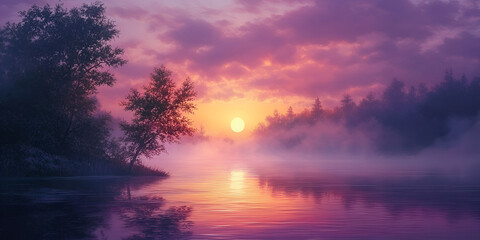 Obraz premium Misty Sunrise Calm Lake Fog Morning Nature Landscape