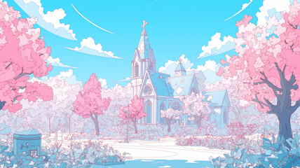 森の中の小さな教会｜緑豊かな自然と調和する静寂の礼拝堂｜青空の下に映える純白のチャペル｜ゴシック様式の美しい教会建築｜結婚式や記念写真にぴったりのフォトジェニックなロケーション