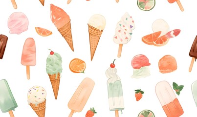 A delightful and colorful digital illustration featuring various types of ice cream, Generative AI