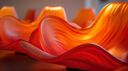 Colorful abstract sculptures with flowing shapes and vibrant hues on a modern table setting