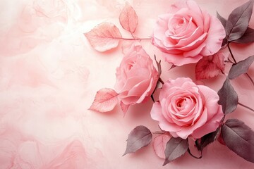 Fototapeta premium Three pink roses with leaves on pink background. Ideal for Valentine's, Mother's Day, or romantic designs.