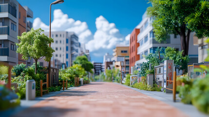Miniature city street vibrant with greenery on a sunny day
