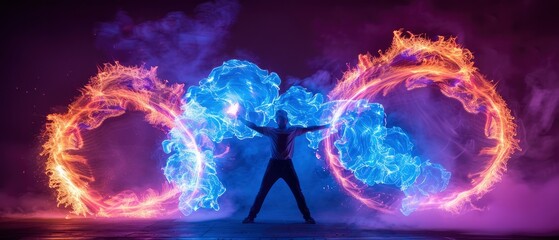 A performer showcases a mesmerizing display of fire and smoke in a vibrant, colorful setting