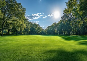 Serene Green Field Surrounded by Lush Trees Under Bright Sunlight with Fluffy Cloudy Sky Creating a Peaceful Nature Landscape