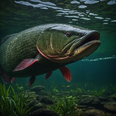 A massive arapaima fish in a shallow Amazonian pond, highlighted against the serene background. yellow fish big fish in the water.