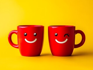 Two Red Coffee Mugs with Smiling Faces on Yellow Background