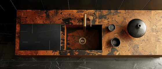 Modern kitchen countertop with sink and cooktop, featuring stylish utensils and minimalist decor