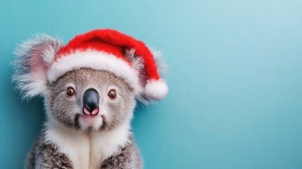 A cute koala adorned with a Santa hat stands against a blue background, adding charm and holiday spirit during the festive season