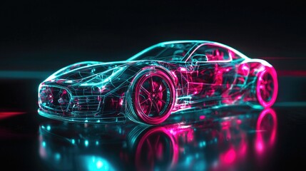 Futuristic Holographic Electric Sedan with Neon Blue and Red Lights, Cyberpunk Concept, High-Tech Digital Car