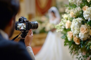 A photographer focuses on a bride surrounded by stunning floral arrangements during an elegant wedding ceremony in a decorative venue Generative AI