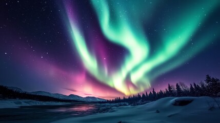 Northern Lights, vibrant green and purple lights in the night sky generative ai
