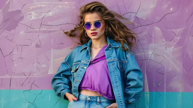 beauty 90s style clothing young woman wearing jeans jacket on purple wall background	
