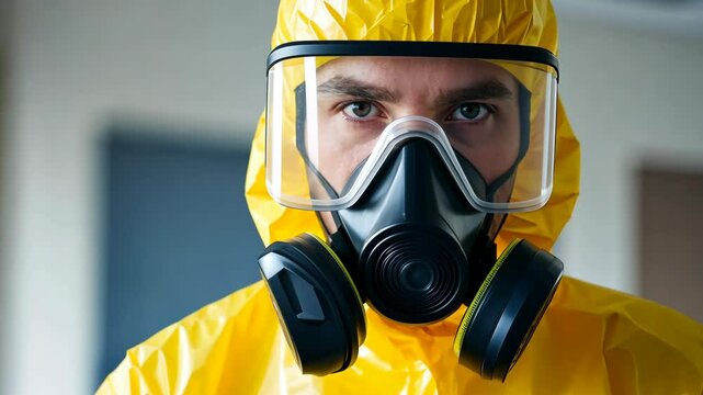 Protective hazmat suit worn by a person with a respirator in a controlled environment during an emergency or safety procedure