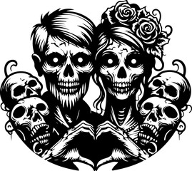 sketch vector illustration silhouette design icon logo symbol couple zombie skull ethnic traditional vintage full engraving classic  